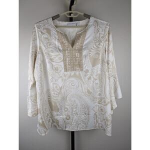 Susan Graver Beige Paisley Print Blouse Bell Sleeves Silky Satin